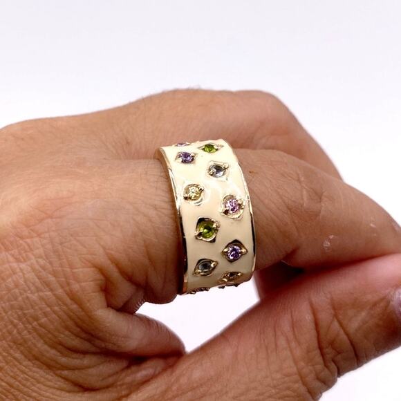 Sterling Silver Gold Vermeil Enamel Wide Band Ring With CZ Crystals - Picture 4 of 6